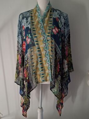 Coldwater Creek Navy, Yellow & Teal Floral Kimono Wrap